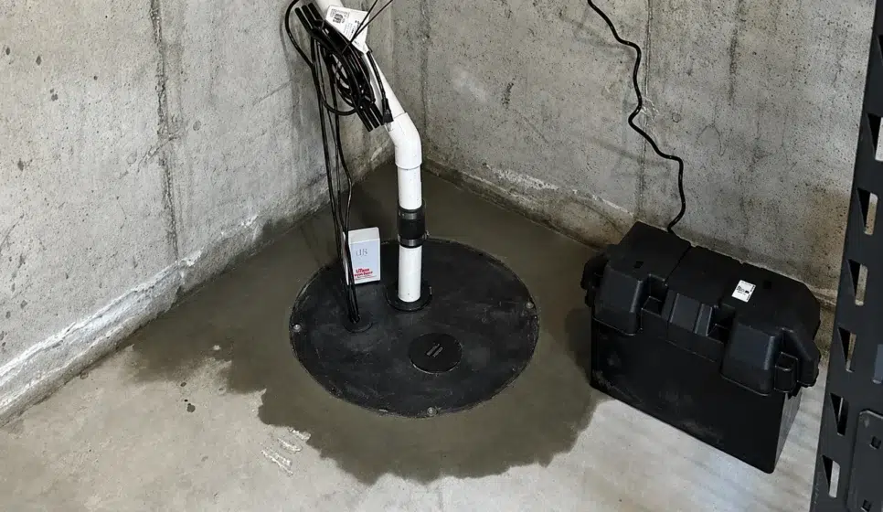 Basement sump pump with battery backup and standing water on concrete floor, photo by Ben's Plumbing