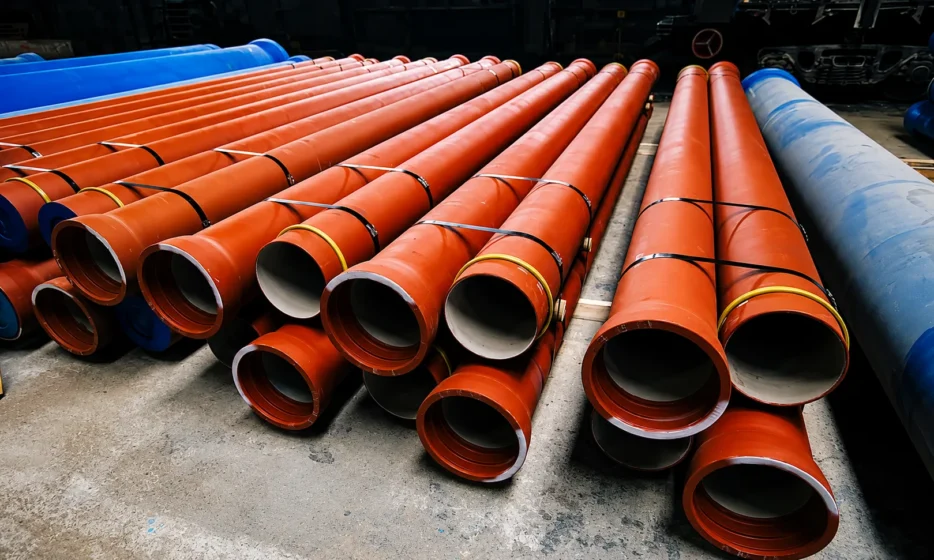 Stacked orange cast iron sewer pipes stored on a warehouse floor, photo by Ben's Plumbing