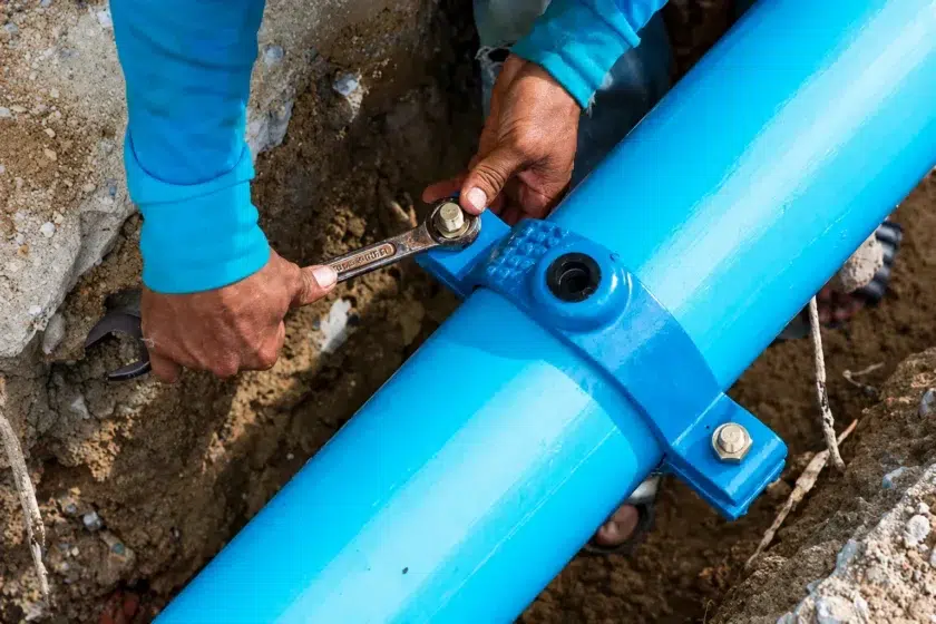 Ben's Plumbing technician tightening a clamp on a blue water pipe in a trench