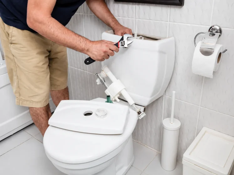 Plumber repairing an open toilet tank with an adjustable wrench, photo by Ben's Plumbing